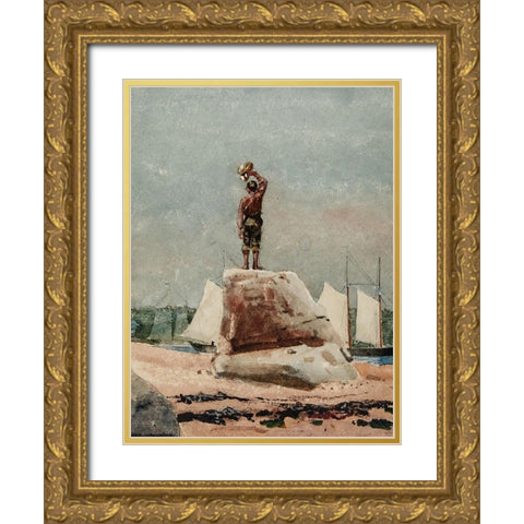 Boy Hailing Schooners Gold Ornate Wood Framed Art Print with Double Matting by Homer, Winslow