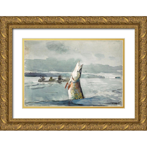 Pike, Lake St. John Ouananiche Fishing Gold Ornate Wood Framed Art Print with Double Matting by Homer, Winslow