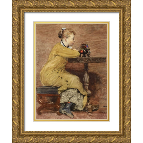 Woman and Elephant Gold Ornate Wood Framed Art Print with Double Matting by Homer, Winslow
