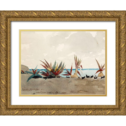 Nassau Beach with Century Plants Gold Ornate Wood Framed Art Print with Double Matting by Homer, Winslow