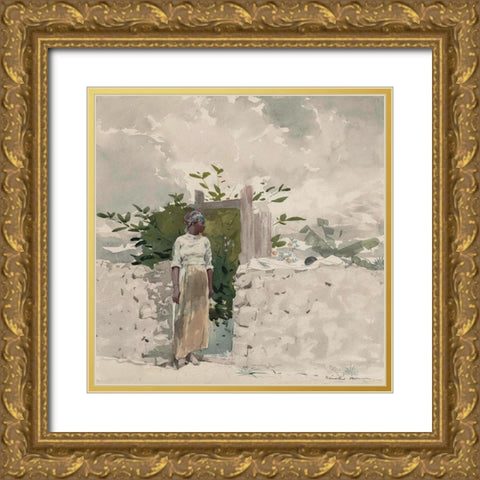 Woman Standing by a Gate, Bahamas Gold Ornate Wood Framed Art Print with Double Matting by Homer, Winslow