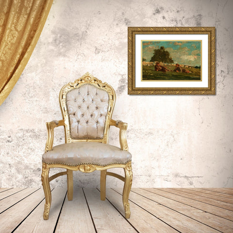 Boy and Girl in a Field with Sheep Gold Ornate Wood Framed Art Print with Double Matting by Homer, Winslow