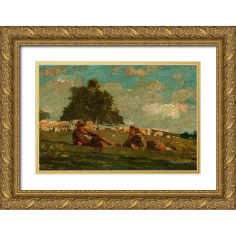Boy and Girl in a Field with Sheep Gold Ornate Wood Framed Art Print with Double Matting by Homer, Winslow