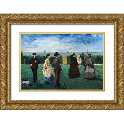 The Croquet Party Gold Ornate Wood Framed Art Print with Double Matting by Manet, Edouard