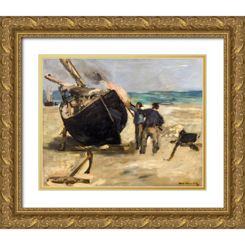 Tarring the Boat  Gold Ornate Wood Framed Art Print with Double Matting by Manet, Edouard