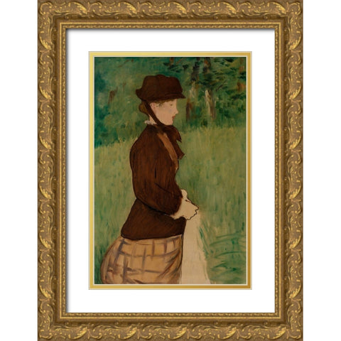 Young Woman in a Garden Gold Ornate Wood Framed Art Print with Double Matting by Manet, Edouard