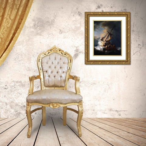 Christ in the Storm on the Lake of Galilee Gold Ornate Wood Framed Art Print with Double Matting by Rembrandt