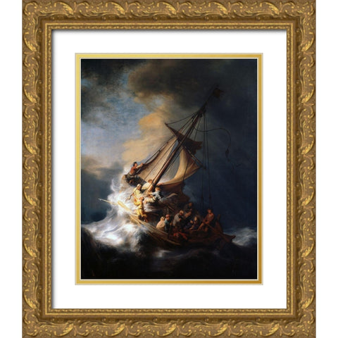 Christ in the Storm on the Lake of Galilee Gold Ornate Wood Framed Art Print with Double Matting by Rembrandt