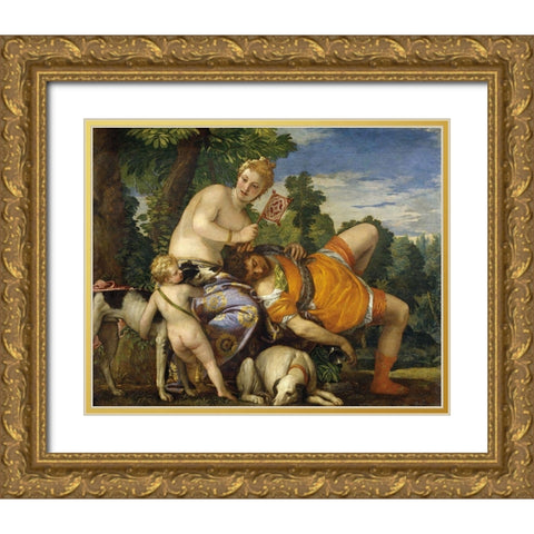 Venus and Adonis Gold Ornate Wood Framed Art Print with Double Matting by Veronese, Paolo