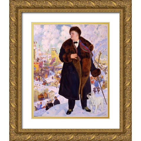 Portrait of Fyodor Chaliapin Gold Ornate Wood Framed Art Print with Double Matting by Kustodiev, Boris