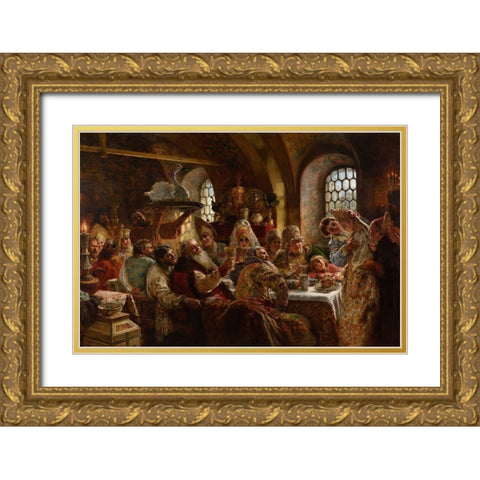 A Boyar Wedding Feast Gold Ornate Wood Framed Art Print with Double Matting by Makovsky, Konstantin