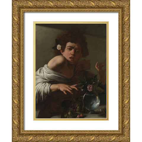 Boy Bitten by a Lizard Gold Ornate Wood Framed Art Print with Double Matting by Caravaggio