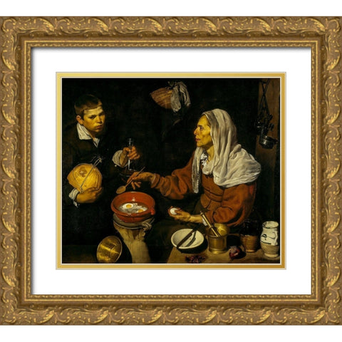 Old Woman Frying Eggs Gold Ornate Wood Framed Art Print with Double Matting by Velazquez, Diego