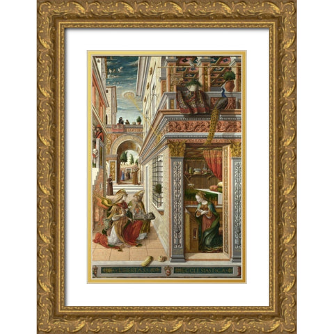 The Annunciation, with Saint Emidius Gold Ornate Wood Framed Art Print with Double Matting by Crivelli, Carlo