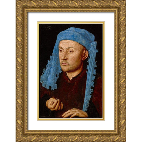 Portrait of a Man with a Blue Chaperon Gold Ornate Wood Framed Art Print with Double Matting by van Eyck, Jan