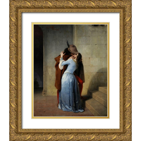 The Kiss Gold Ornate Wood Framed Art Print with Double Matting by Hayez, Francesco