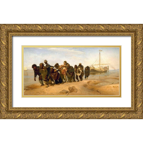Barge Haulers on the Volga Gold Ornate Wood Framed Art Print with Double Matting by Repin, Ilya