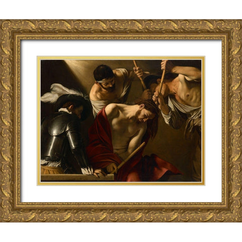 The Crowning with Thorns Gold Ornate Wood Framed Art Print with Double Matting by Caravaggio