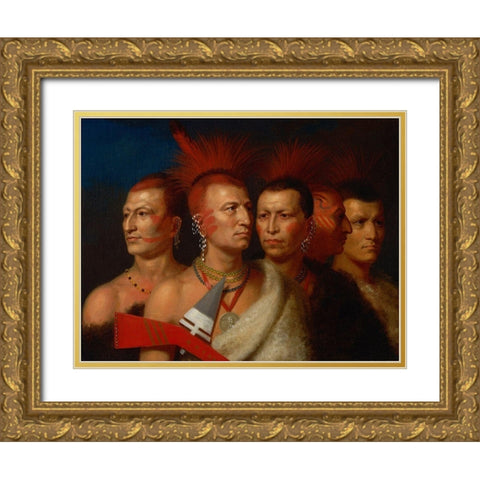 Young Omahaw, War Eagle, Little Missouri, and Pawnees, Gold Ornate Wood Framed Art Print with Double Matting by King, Charles Bird