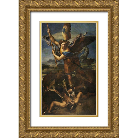 St. Michael Vanquishing Satan Gold Ornate Wood Framed Art Print with Double Matting by Raphael
