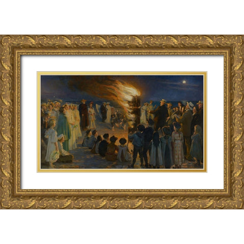 Midsummer Eve Bonfire on Skagen Beach Gold Ornate Wood Framed Art Print with Double Matting by Kroyer, Peder Severin