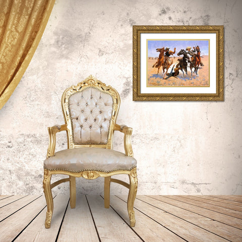 Aiding a Comrade Gold Ornate Wood Framed Art Print with Double Matting by Remington, Frederic