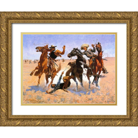 Aiding a Comrade Gold Ornate Wood Framed Art Print with Double Matting by Remington, Frederic