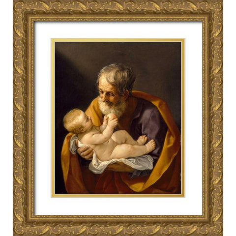 Saint Joseph and the Christ Child Gold Ornate Wood Framed Art Print with Double Matting by Reni, Guido