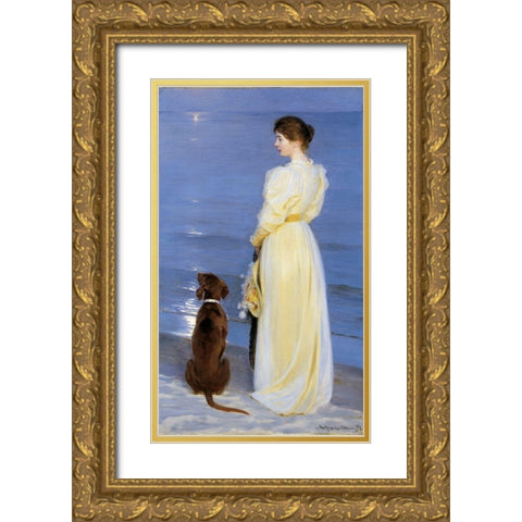 Summer Evening at Skagen. The Artists Wife and Dog by the Shore Gold Ornate Wood Framed Art Print with Double Matting by Kroyer, Peder Severin