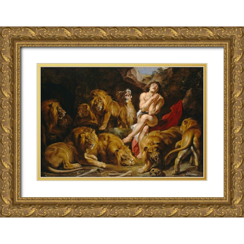 Daniel in the Lions Den Gold Ornate Wood Framed Art Print with Double Matting by Rubens, Peter Paul