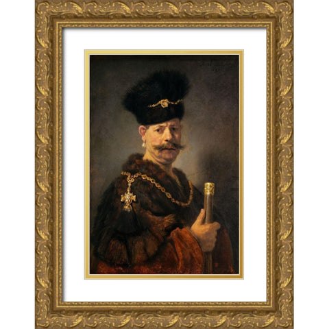 A Polish Nobleman Gold Ornate Wood Framed Art Print with Double Matting by Rembrandt