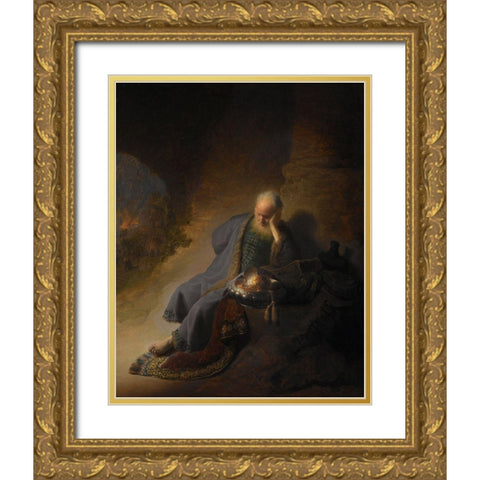 Jeremiah Lamenting the Destruction of Jerusalem Gold Ornate Wood Framed Art Print with Double Matting by Rembrandt