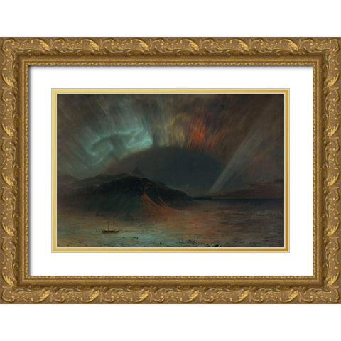 Aurora Borealis Gold Ornate Wood Framed Art Print with Double Matting by Church, Frederic Edwin