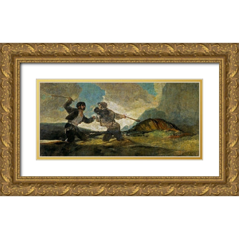Fight with Cudgels Gold Ornate Wood Framed Art Print with Double Matting by Goya, Francisco