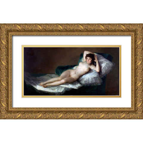 La Maja desnuda Gold Ornate Wood Framed Art Print with Double Matting by Goya, Francisco