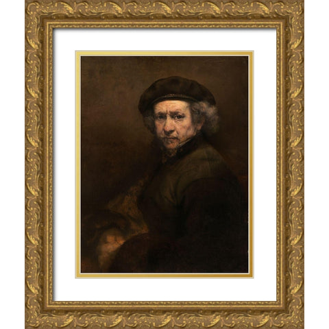 Self-Portrait with Beret and Turned-Up Collar Gold Ornate Wood Framed Art Print with Double Matting by Rembrandt