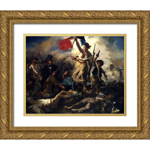 Liberty Leading the People Gold Ornate Wood Framed Art Print with Double Matting by Delacroix, Eugene