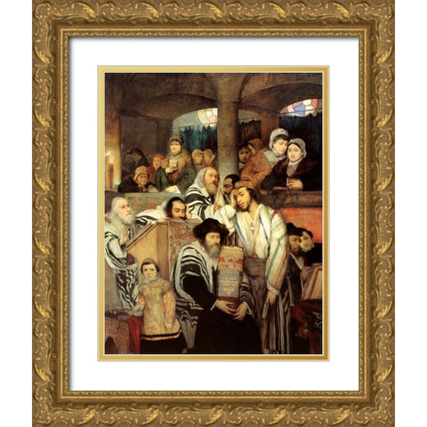 Jews Praying in the Synagogue on Yom Kippur Gold Ornate Wood Framed Art Print with Double Matting by Gottlieb, Maurycy