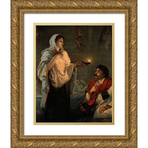 The Lady with the Lamp, Florence Nightingale Gold Ornate Wood Framed Art Print with Double Matting by Rae, Henrietta