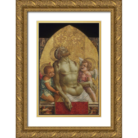Dead Christ Supported by Two Angels Gold Ornate Wood Framed Art Print with Double Matting by Crivelli, Carlo
