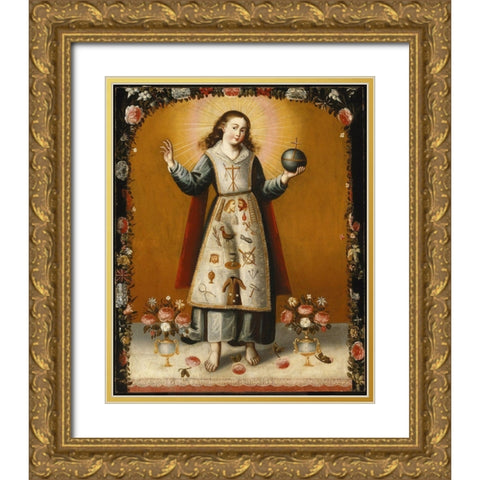 Christ Child with Passion Symbols Gold Ornate Wood Framed Art Print with Double Matting by Unknown