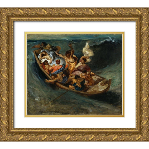 Christ on the Sea of Galilee Sketch Gold Ornate Wood Framed Art Print with Double Matting by Delacroix, Eugene