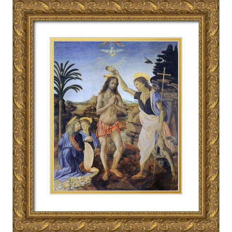Baptism of Christ Gold Ornate Wood Framed Art Print with Double Matting by da Vinci, Leonardo