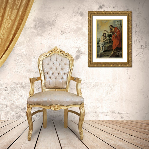 The Baptism of Christ Gold Ornate Wood Framed Art Print with Double Matting by Murillo, Bartolome Esteban