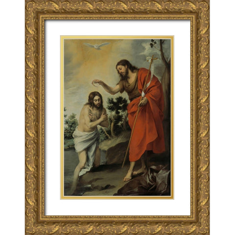 The Baptism of Christ Gold Ornate Wood Framed Art Print with Double Matting by Murillo, Bartolome Esteban