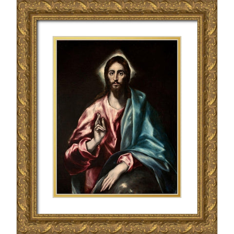 Christ as Saviour Gold Ornate Wood Framed Art Print with Double Matting by El Greco