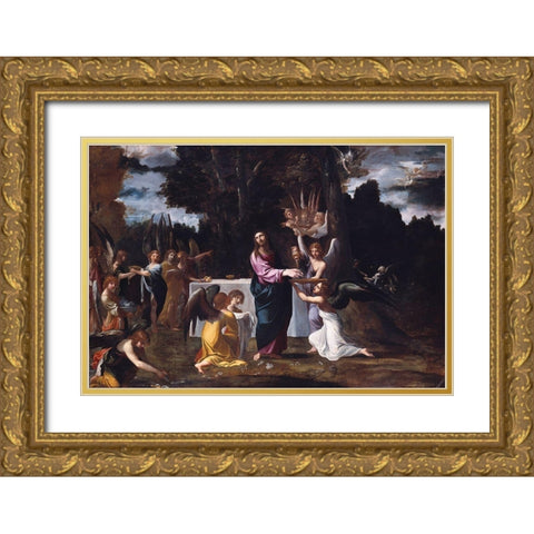 Christ in the Wilderness, Served by Angels Gold Ornate Wood Framed Art Print with Double Matting by Carracci, Ludovico