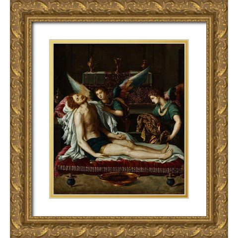 The Body of Christ Anointed by Two Angels Gold Ornate Wood Framed Art Print with Double Matting by Allori, Alessandro