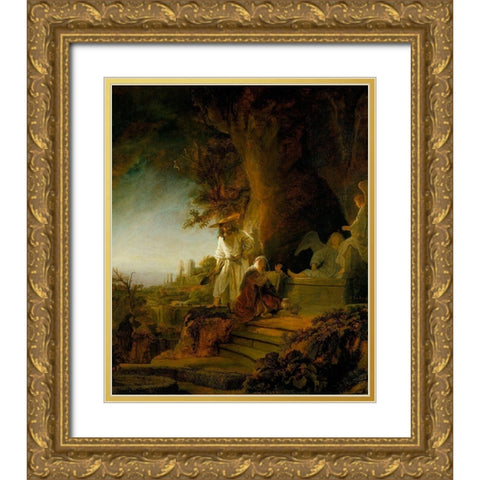 Christ and St Mary Magdalen at the Tomb Gold Ornate Wood Framed Art Print with Double Matting by Rembrandt