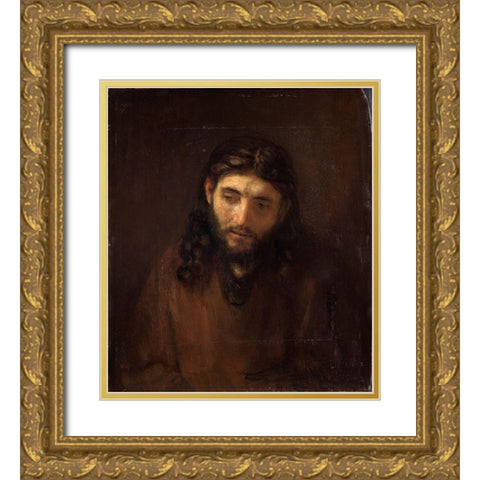Head of Christ Gold Ornate Wood Framed Art Print with Double Matting by Rembrandt